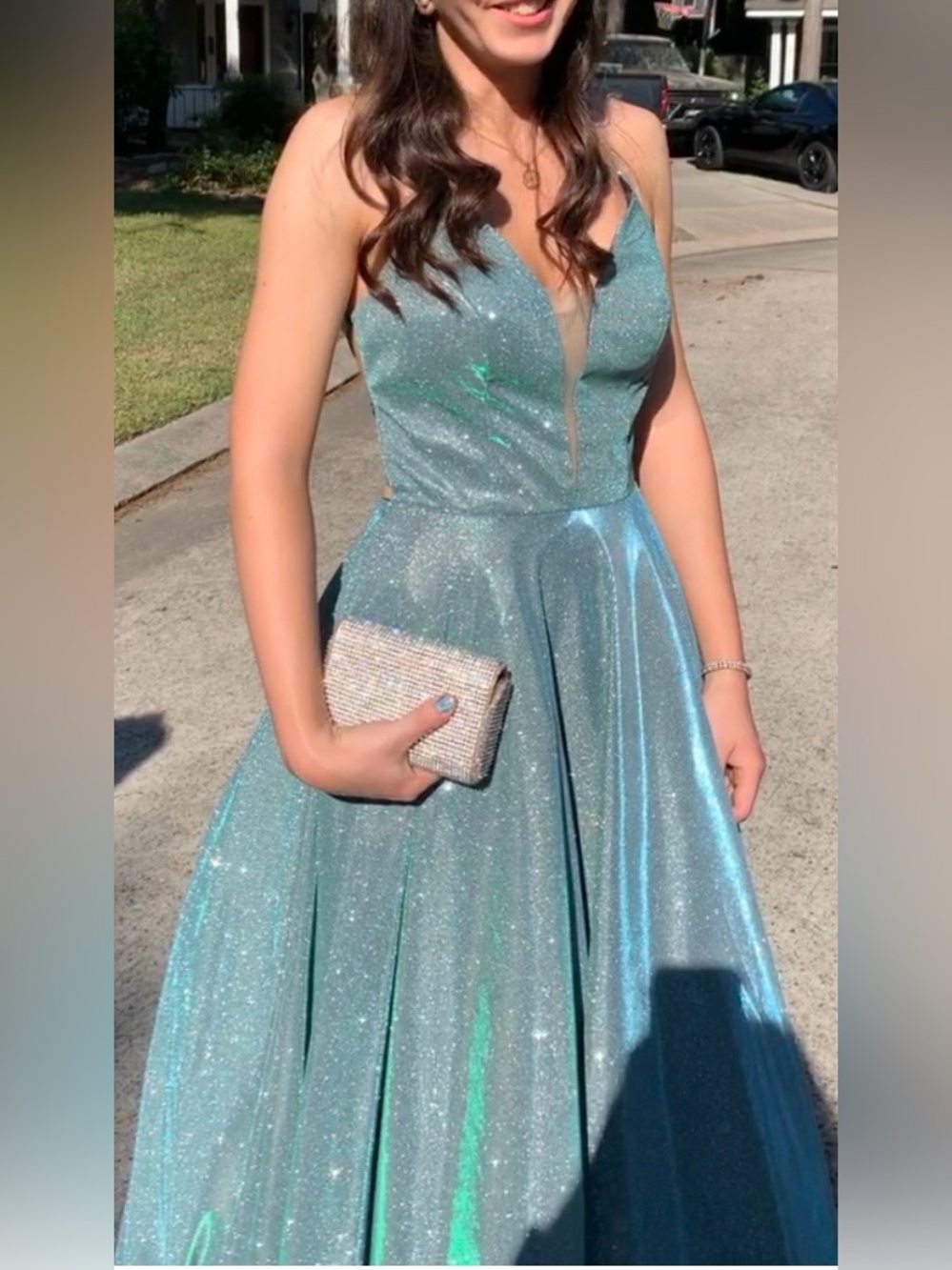 Sparkling Teal A-Line Prom Formal Dress with Plunge V-Neck